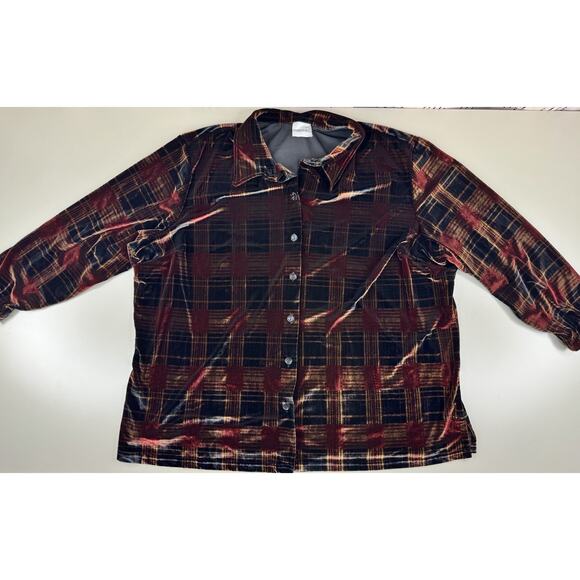 Vintage Fashion Bug Women’s Velvet Plaid Button Down Shirt 1X Brown GrannyCore - Picture 8 of 9